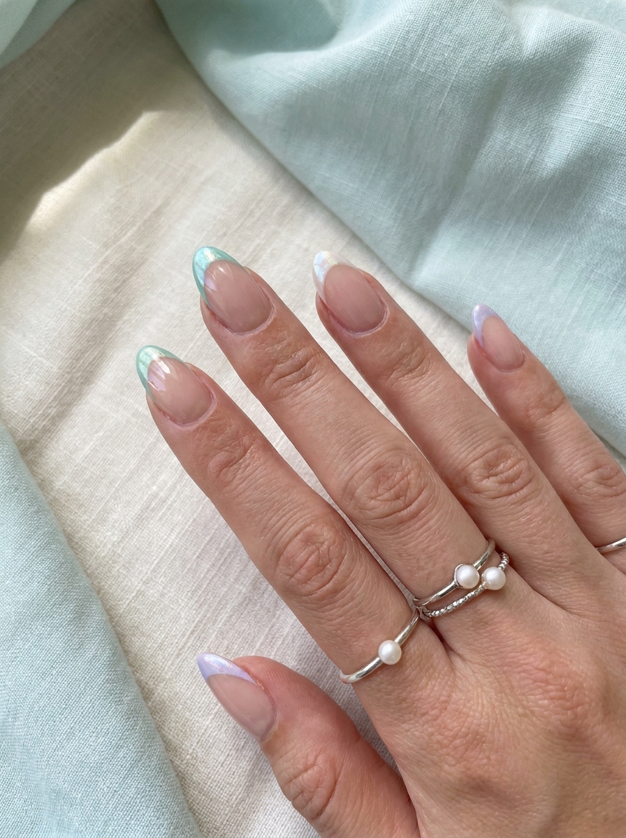 Mermaid French Nails mit irisierenden Seafoam und Aqua Spitzen